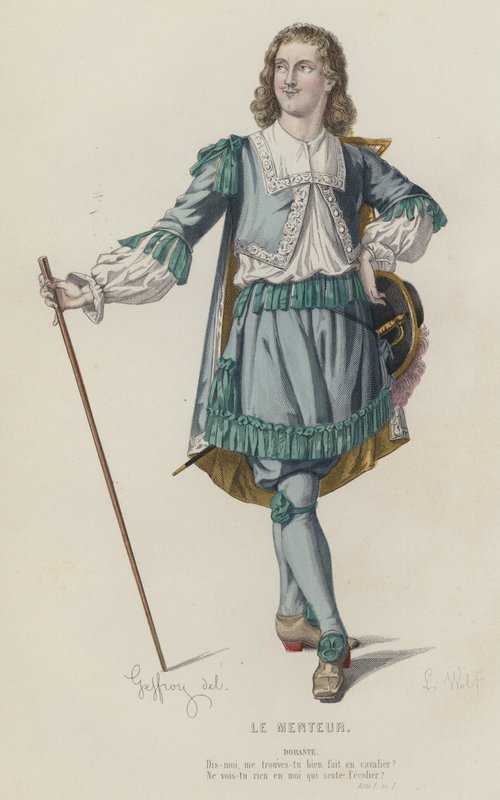 Corneille, O Mentiroso, Acto I, Sc I (gravura colorida) de French School