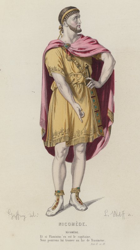 Corneille, Nicomede, Acto II, Sc III (gravura a cores) de French School