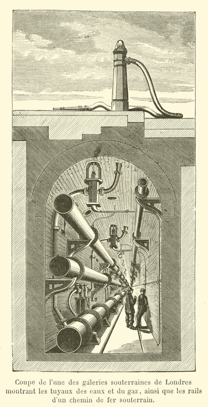 Corte transversal de um dos túneis subterrâneos de Londres mostrando tubos de água e gás (gravura) de French School