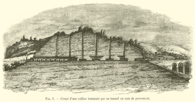 Corte transversal de uma colina atravessada por um túnel de gravura de French School