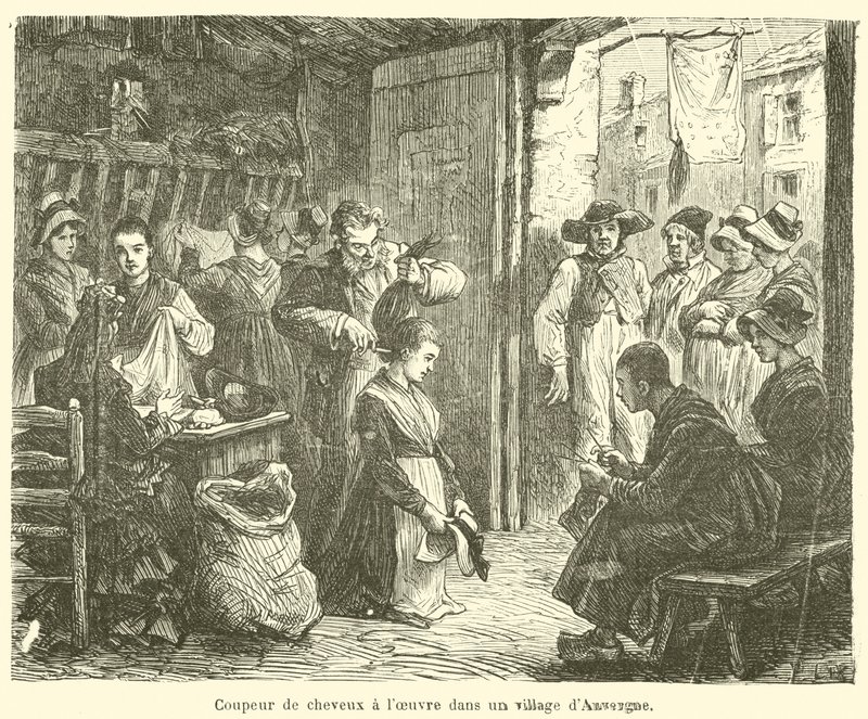 Cortador de cabelo a trabalhar numa aldeia de Auvergne (gravura) de French School
