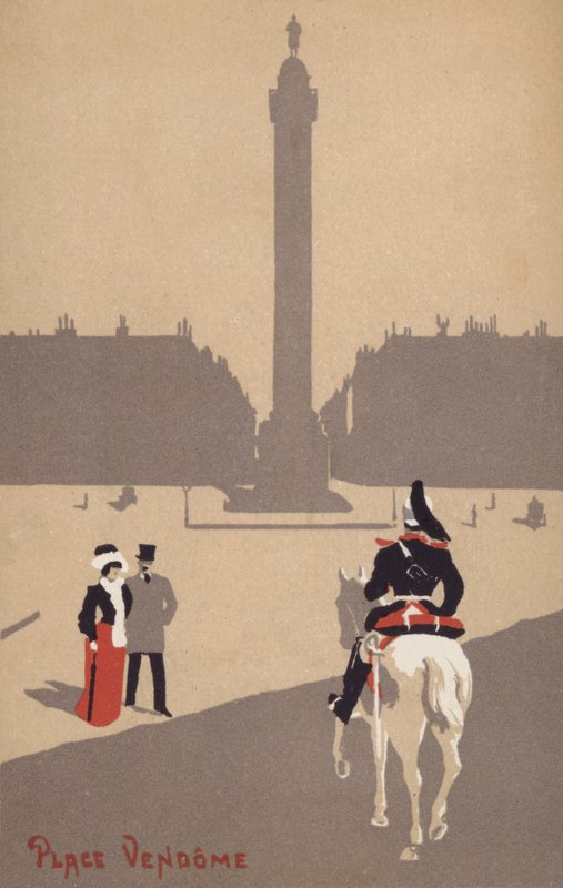 Casal observa um soldado da cavalaria francesa montado na Place Vendome, Paris, França (litografia a cores) de French School