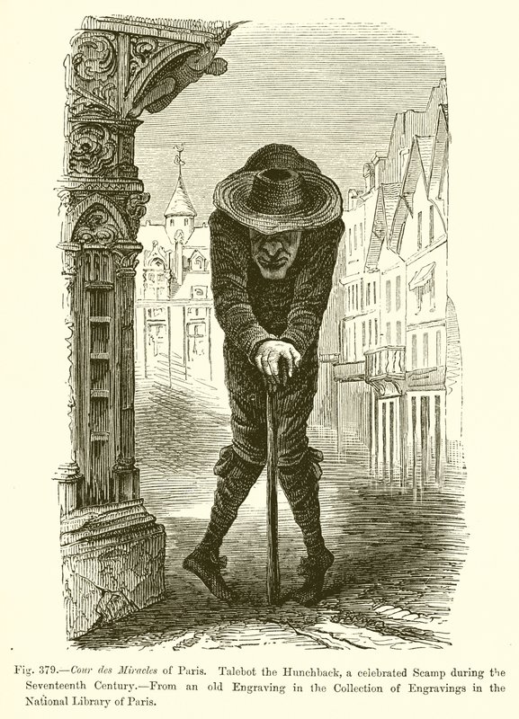 Cour des Miracles de Paris. Talebot the Hunchback, um célebre Scamp durante o século XVII de French School