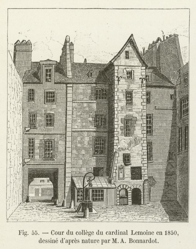 Corte do Colégio do Cardeal Lemoine em 1850, desenhando natureza dapres por MA Bonnardot de French School