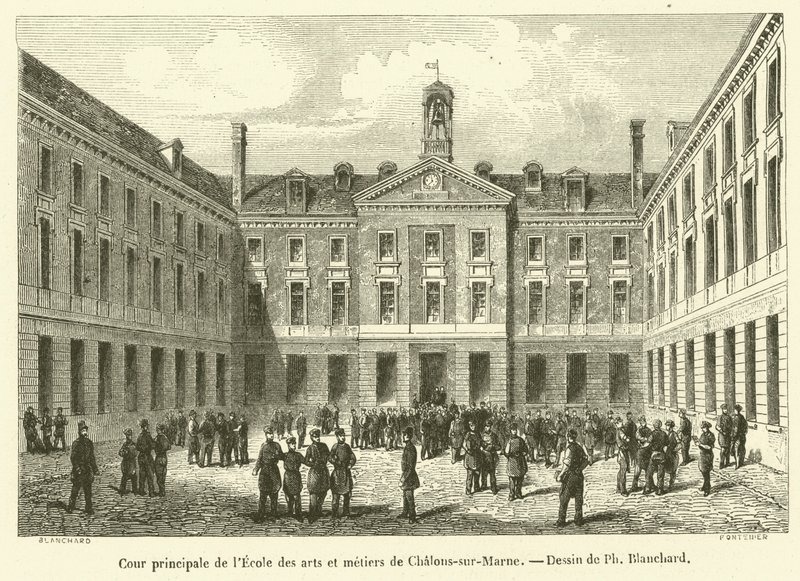 Pátio principal da Escola de Artes e Ofícios de Chalons-sur-Marne (gravura) de French School