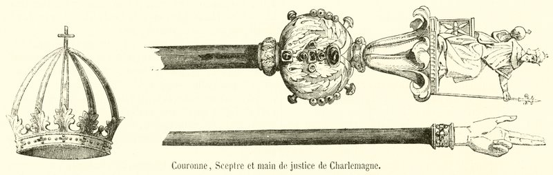 Coroa, Cetro e Mão de Justiça de Carlos Magno (gravura) de French School