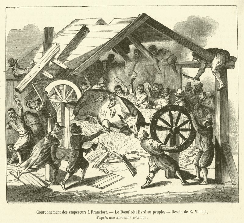 Coroação dos imperadores em Frankfurt, O boi assado entregue ao povo (gravura) de French School