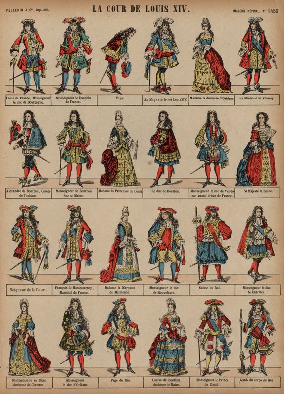 Corte do Rei Luís XIV de França (gravura a cores) de French School