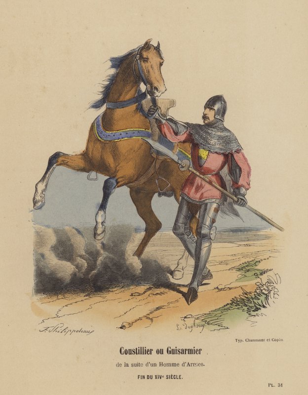 Coustillier ou Guisarmier da suite de um Man-at-Arms, Final do século XIV (gravura colorida) de French School