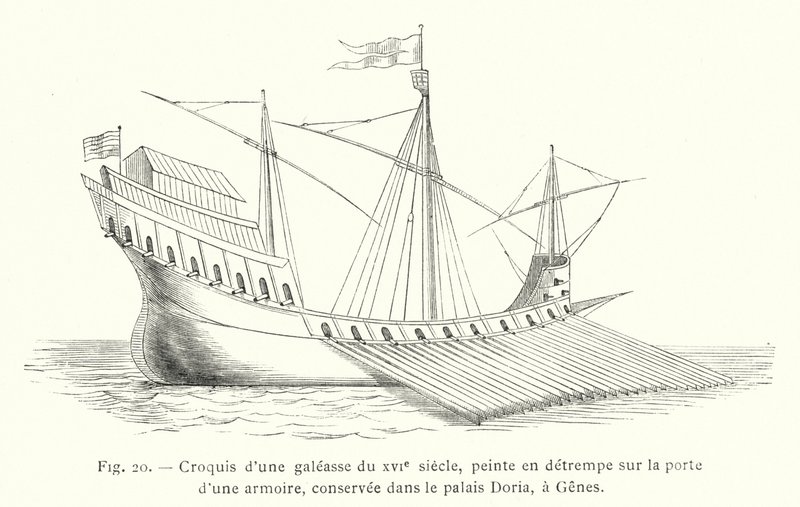 Esboço de uma galeia do século XVI, pintada em têmpera na porta de um armário, conservada no Palácio Doria em Génova (gravura) de French School
