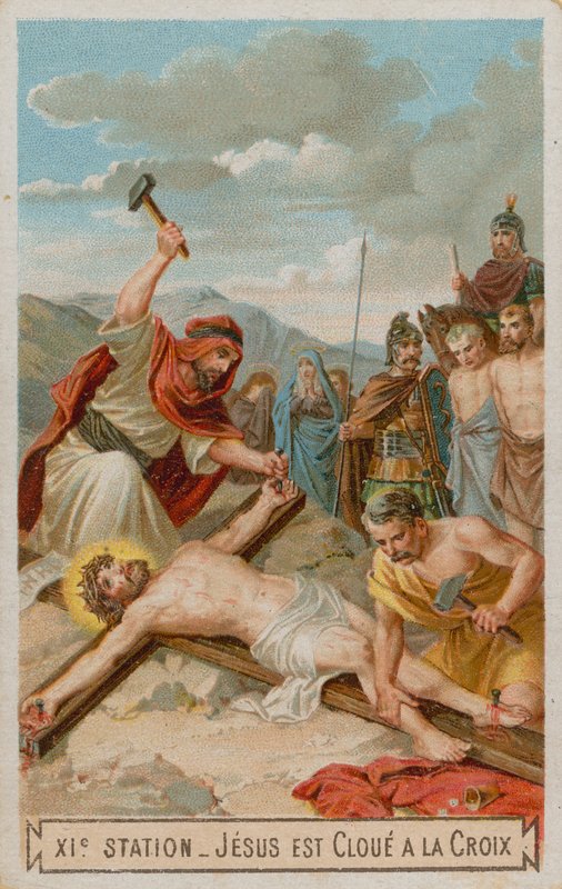 Crucificação: Jesus é pregado na cruz. A décima primeira estação da cruz de French School