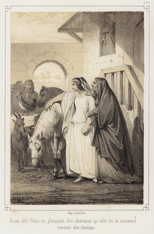 Chorando, ela acariciava os cavalos que tantas vezes via voltar dos campos (litho) de French School