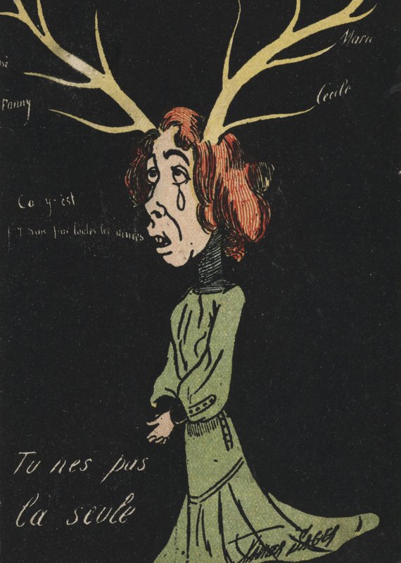 Mulher que chora com chifres (cor litho) de French School