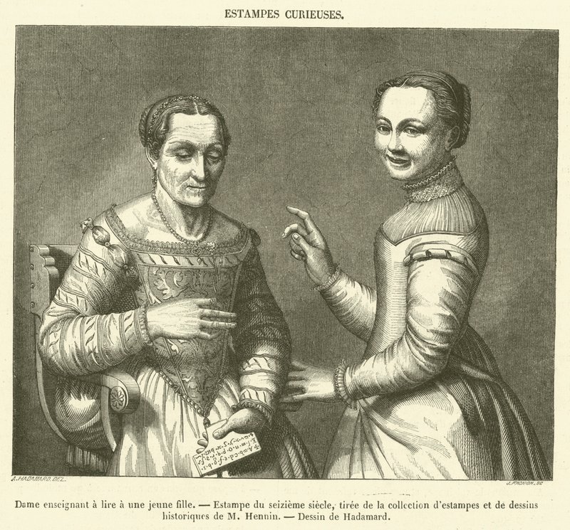 Senhora a ensinar uma jovem a ler, gravura do século XVI de French School