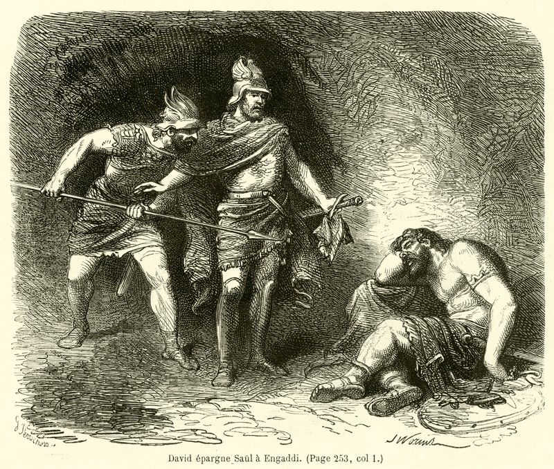 David epargne Saul a Engaddi (gravura) de French School