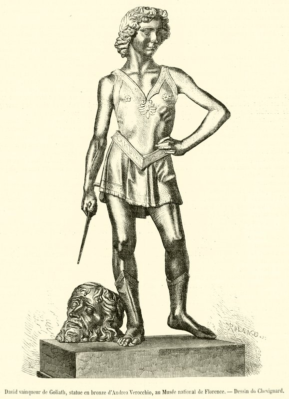 David derrotando Golias, estátua de bronze por Andrea Verocchio, no Museu Nacional de Florença (gravura) de French School