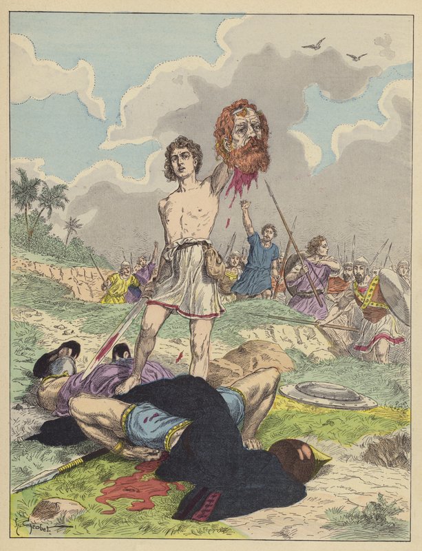 David com a cabeça de Golias (cor litho) de French School