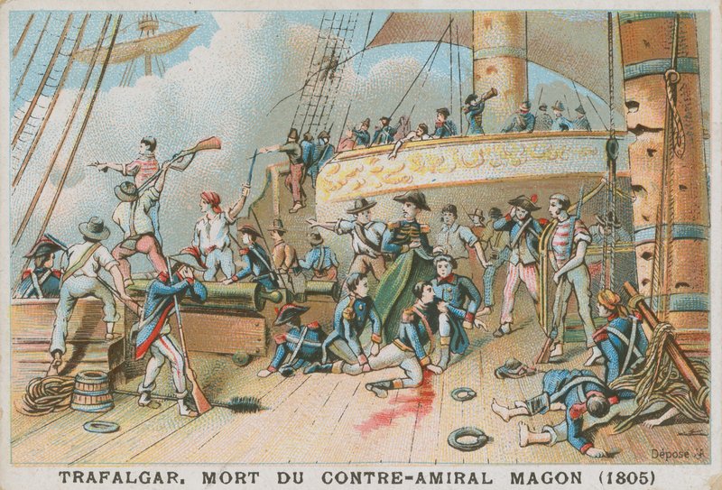 Morte do contra-almirante francês Magon na Batalha de Trafalgar, 1805 de French School