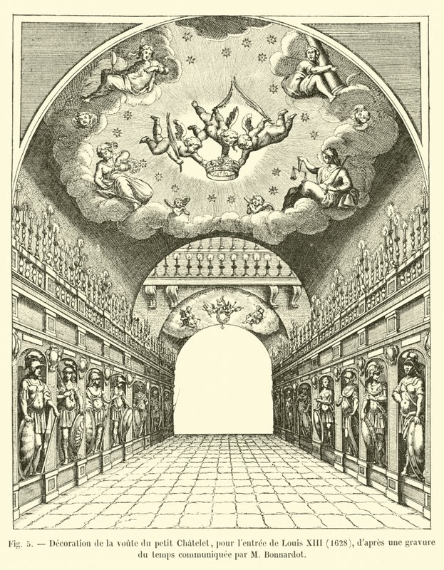 Decoração da abóbada do pequeno Chatelet, para a entrada de Luís XIII, 1628, depois de uma gravura da época comunicada por M Bonnardot de French School