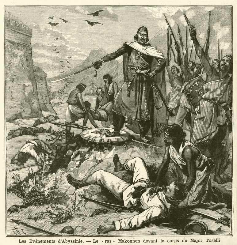 Derrota dos italianos na Batalha de Amba Alagi, Primeira Guerra Ítalo-Etiópia (gravura) de French School