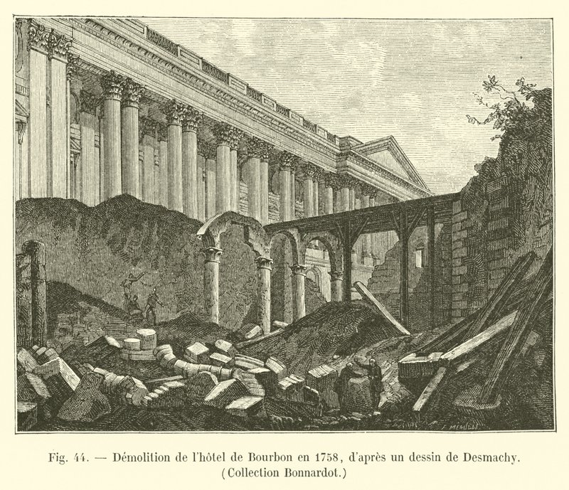 Demolição do Hotel Bourbon em 1758, depois de um desenho de Desmachy, Coleção Bonnardot de French School