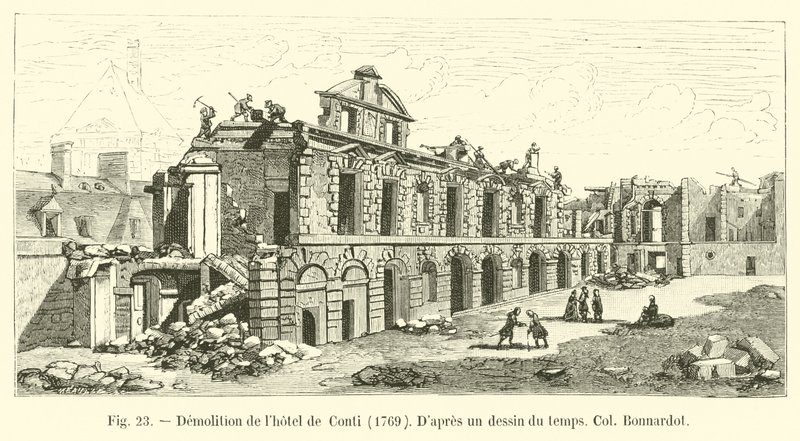 Demolição do Conti Hotel, 1769, Dapres um desenho da época, Col Bonnardot de French School