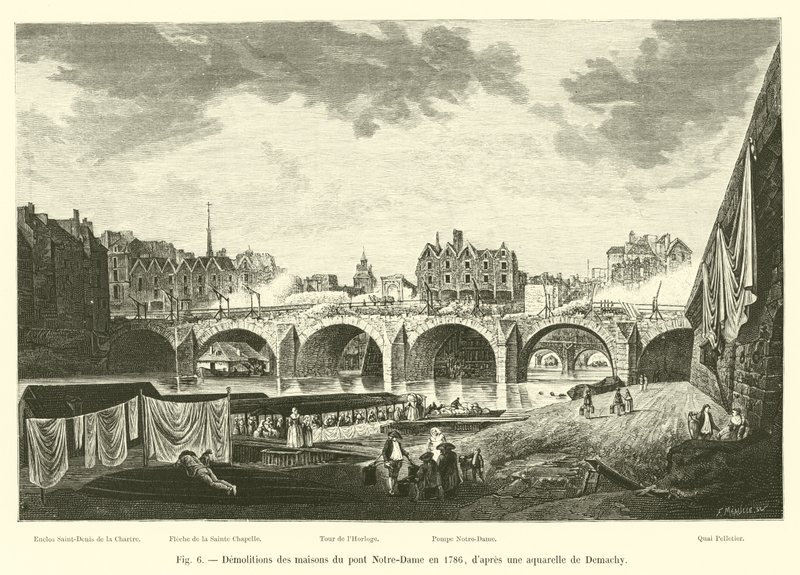 Demolições das casas da ponte Notre-Dame em 1786, dapres uma aguarela de Demachy de French School