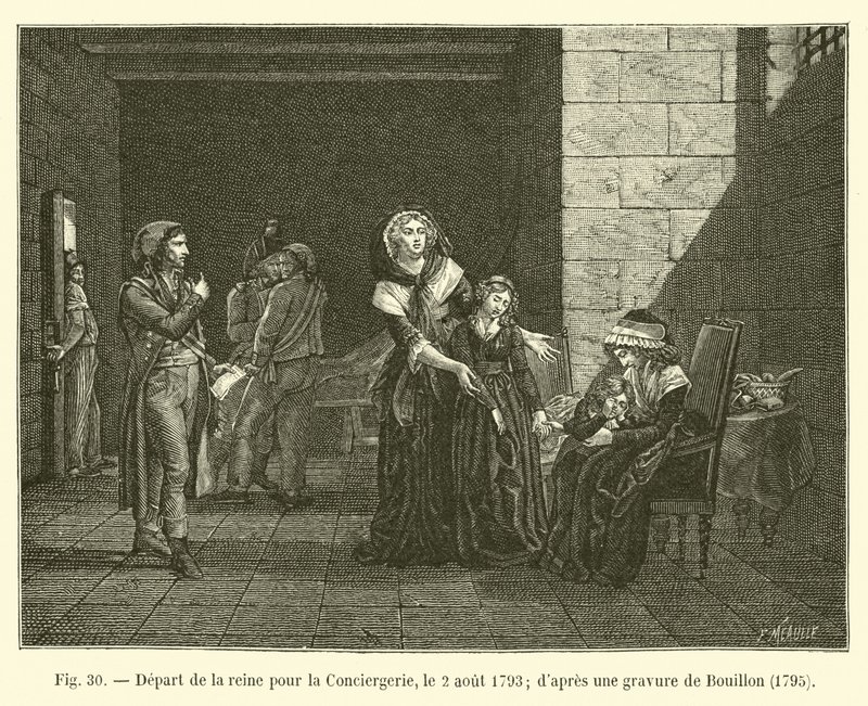 Partida da Rainha para a Conciergerie, 2 de agosto de 1793; depois de uma gravura de Bouillon, 1795 de French School