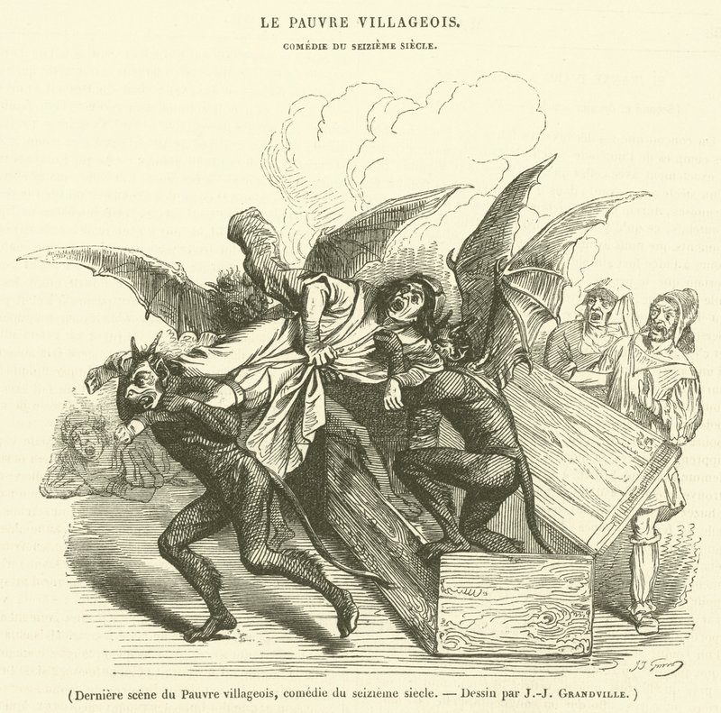 Última cena do Pobre aldeão, comédia do século XVI (gravura) de French School