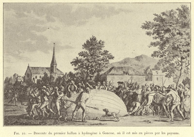 O primeiro balão de hidrogénio é rebaixado em Gonesse, onde é rasgado pelos agricultores (gravura) de French School