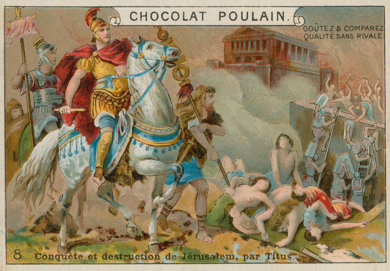 Destruição de Jerusalém por Titus, cartão comercial Chocolat Poulain de French School