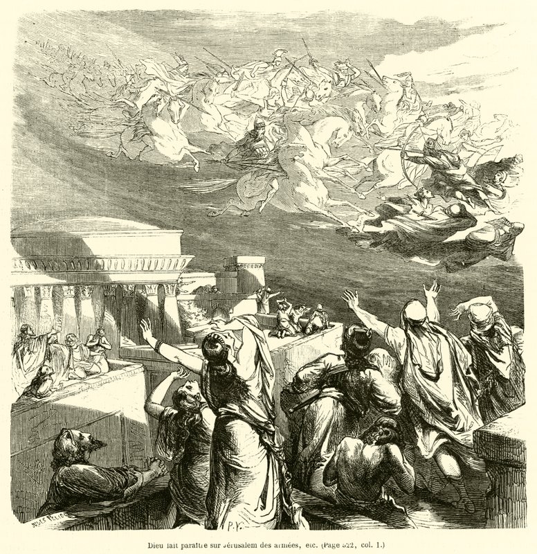 Deus faz aparecer armas, etc. em Jerusalém (gravura) de French School