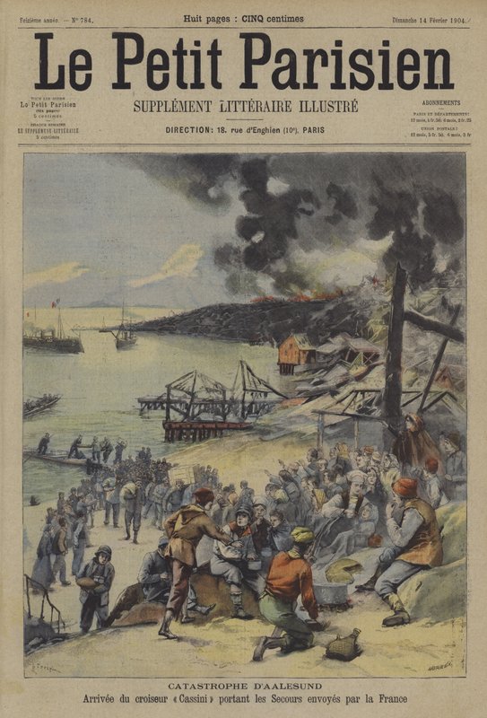 Incêndio catastrófico em Alesund Noruega (cor litho) de French School