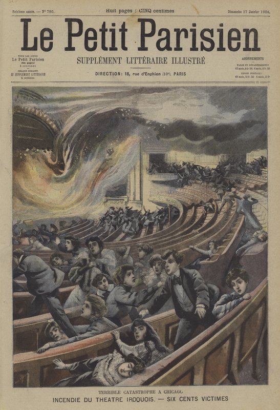 Incêndio desastroso no Teatro Iroquois em Chicago (cor litho) de French School