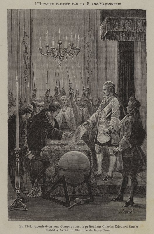 Distorção da história pelos maçons: o suposto estabelecimento de um capítulo de Rosacruzes pelo pretendente Charles Edward Stuart em Arras em 1747 (gravura) de French School