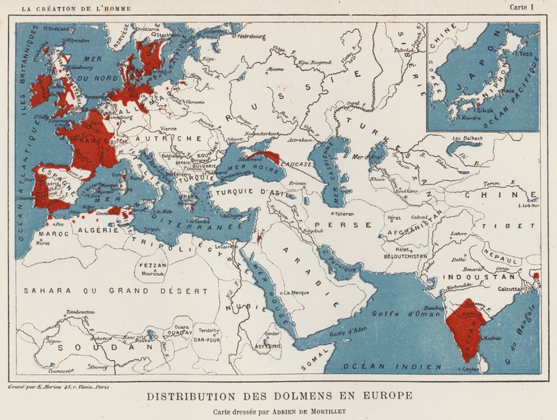 Distribuição de Dolmens na Europa (cor litho) de French School