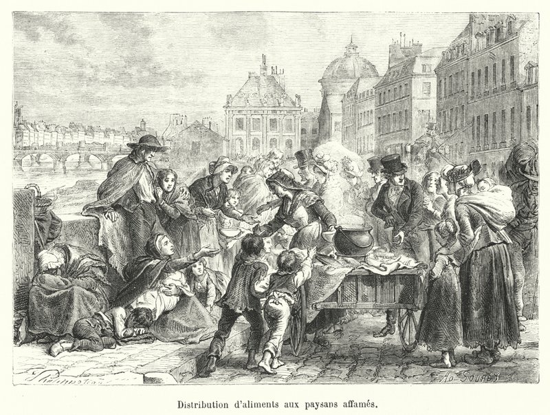 Distribuição de alimentos a agricultores famintos (gravura) de French School