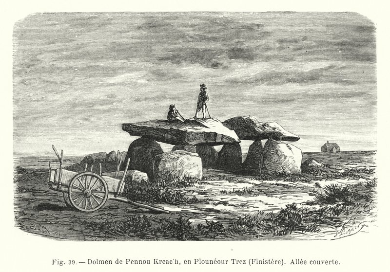 Dolmen de Pennou Kreach, en Plouneour Trez, Finistere, Allee couverte (gravura) de French School