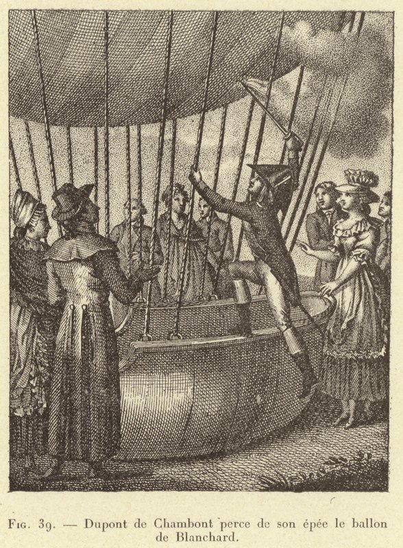 Dupont de Chambont perfura a bola de Blanchard com a sua espada (gravura) de French School