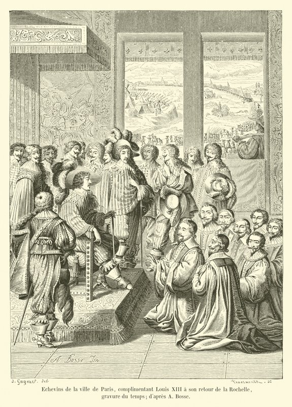 Echevins da cidade de Paris, elogiando Louis XIII em seu retorno de La Rochelle, gravando tempo; dapres A Bump de French School