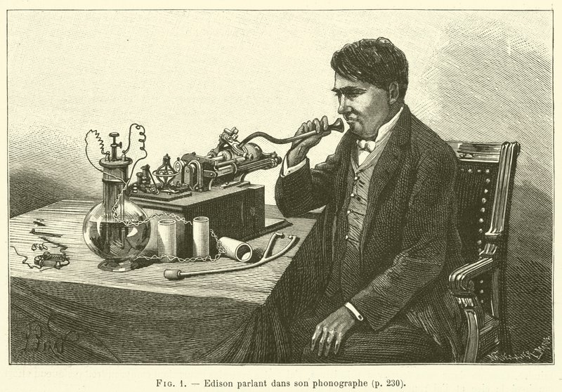 Edison falando em seu fonógrafo (gravura) de French School