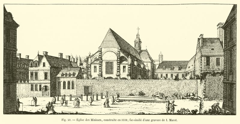 Igreja dos Minimes, construída em 1610; fac-símile de uma gravura de I Marot de French School