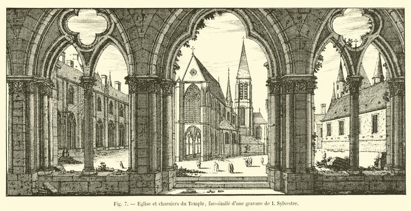 Igreja e valas comuns do templo, fac-símile de uma gravura de eu Sylvestre de French School