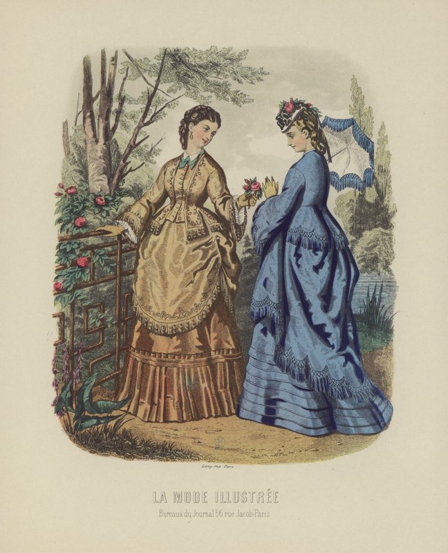 Elegante, mulheres, em, vestido período, ficar, em, jardim de French School