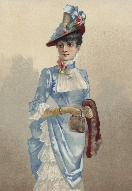 Jovem elegante vestido azul, carregando pequena bolsa de French School