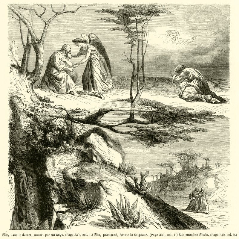 Elias, no deserto, alimentado por um anjo, Elias, inclina-te, escuta o Senhor, Elias leva Eliseu (gravura) de French School