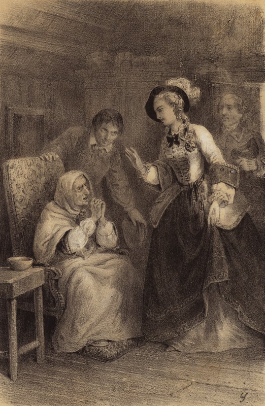 Imperatriz Maria Teresa da Áustria visitando uma mulher pobre em casa (litho) de French School