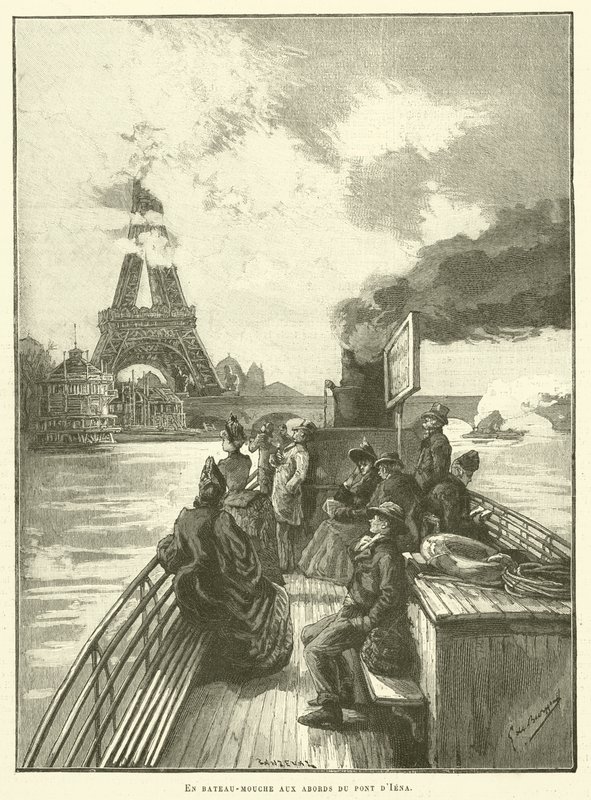 Por barco fluvial à volta da Ponte Iena (gravura) de French School