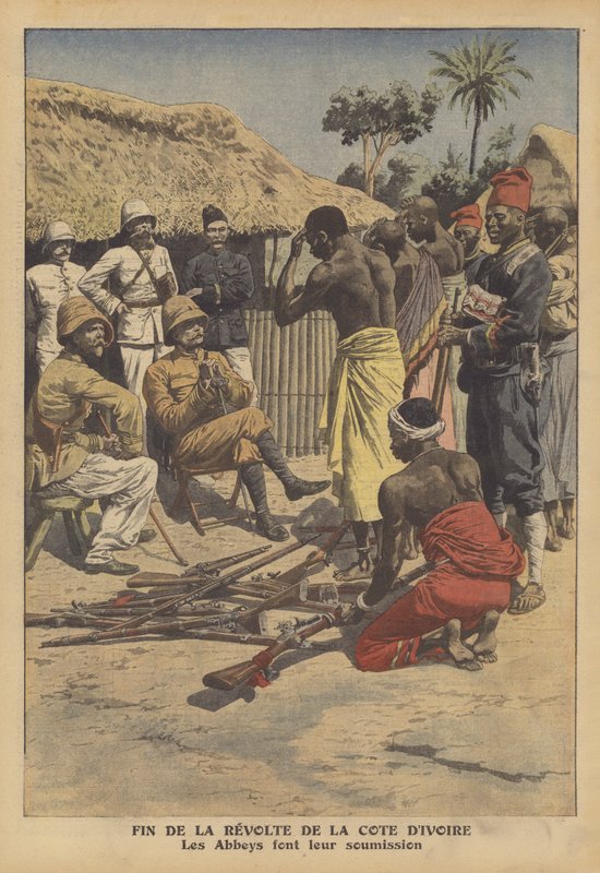 Fim de uma revolta do povo Abes da Costa do Marfim (cor litho) de French School