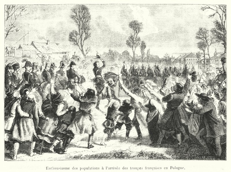 Entusiasmo da população à chegada das tropas francesas à Polónia (gravura) de French School